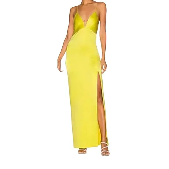 NEW NWT Alice + Olivia Dakota Bias Slip Gown Yellow Satin Side Slit Size 2 - Picture 4 of 7